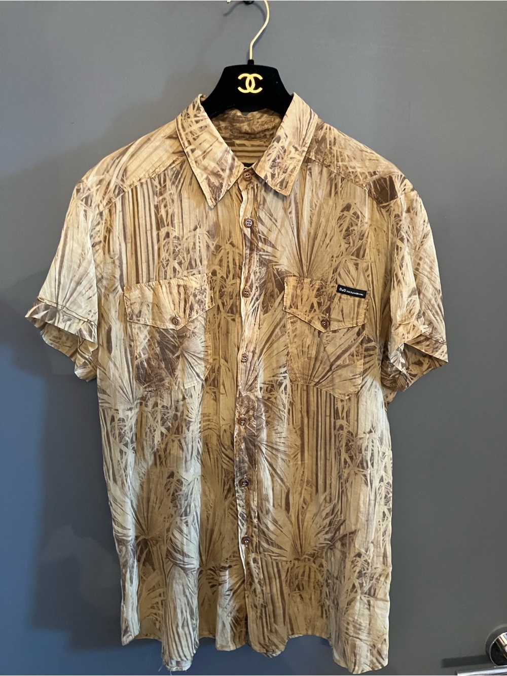 Dolce & Gabbana D&G Palm Leaf Print Short Sleeve Shirt Beige Brown Size M